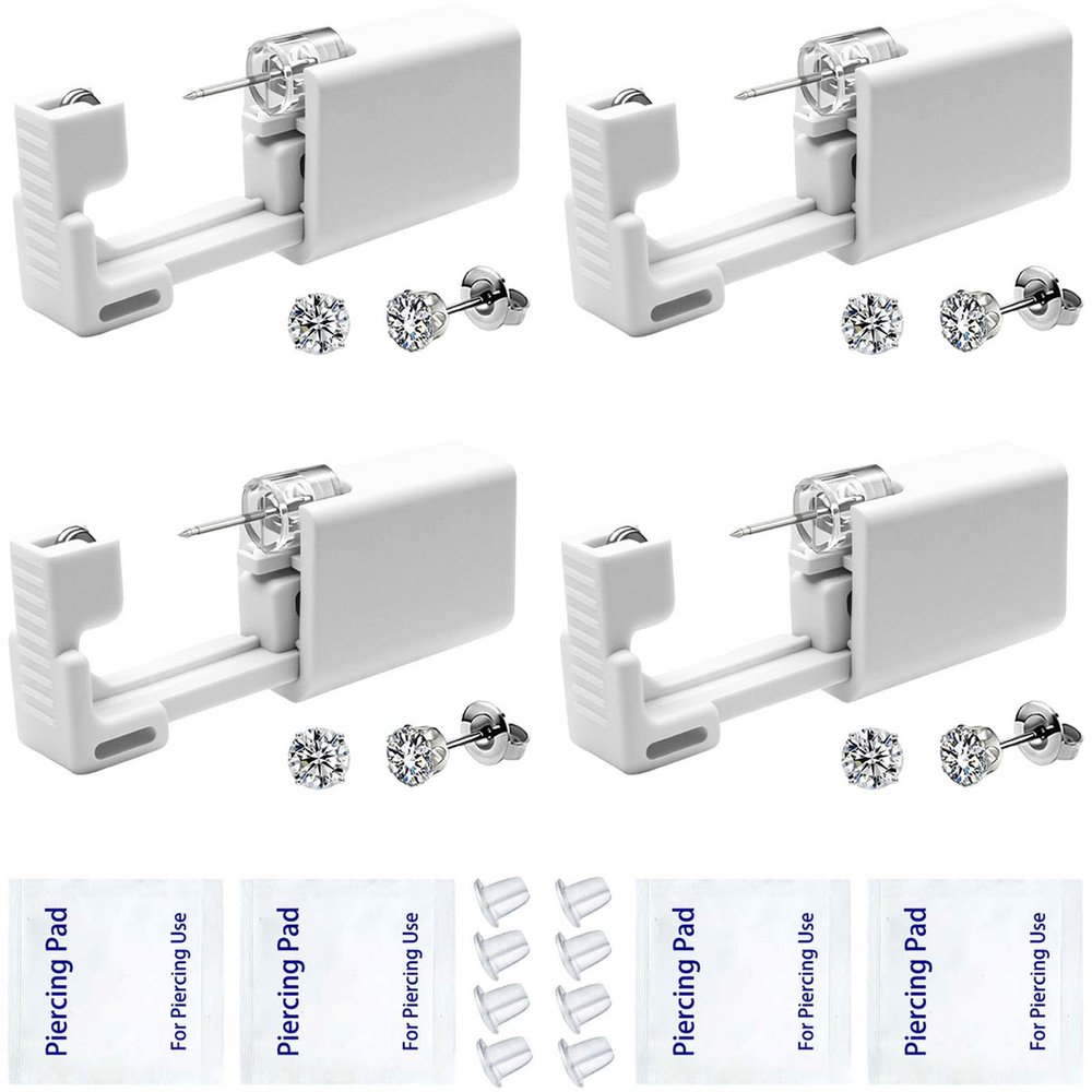 SLVIEKAE 4 Pack Ear Piercing Gun Kit, Disposable Ear Piercing Gun with Silver Earring Studs Safety Ear Piercing Gun Kit Tool (5mm)