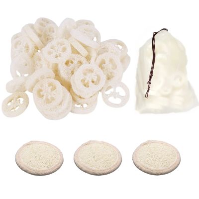 50Pcs Natural Loofah Cuts Slice of 3.15inch, Reusable Cleaner Sponge Scrubber, Facial Soap Holder and DIY Customize Soap Tools, with 3Pcs Exfoliating Loofah Pad and 1 Storage Bag