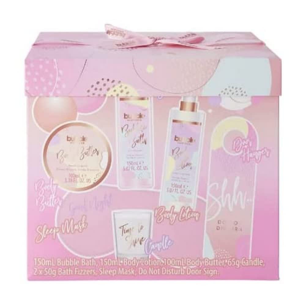 Style and Grace Bubble Boutique Set for Women - 8 Pc Set 5.07oz Bubble Bath, 5.07oz Body Lotion, 3.38oz Body Buttter, 2.29oz Candle, 2 x 1.76oz Bath Fizzers, Eye Mask, Door Hanger