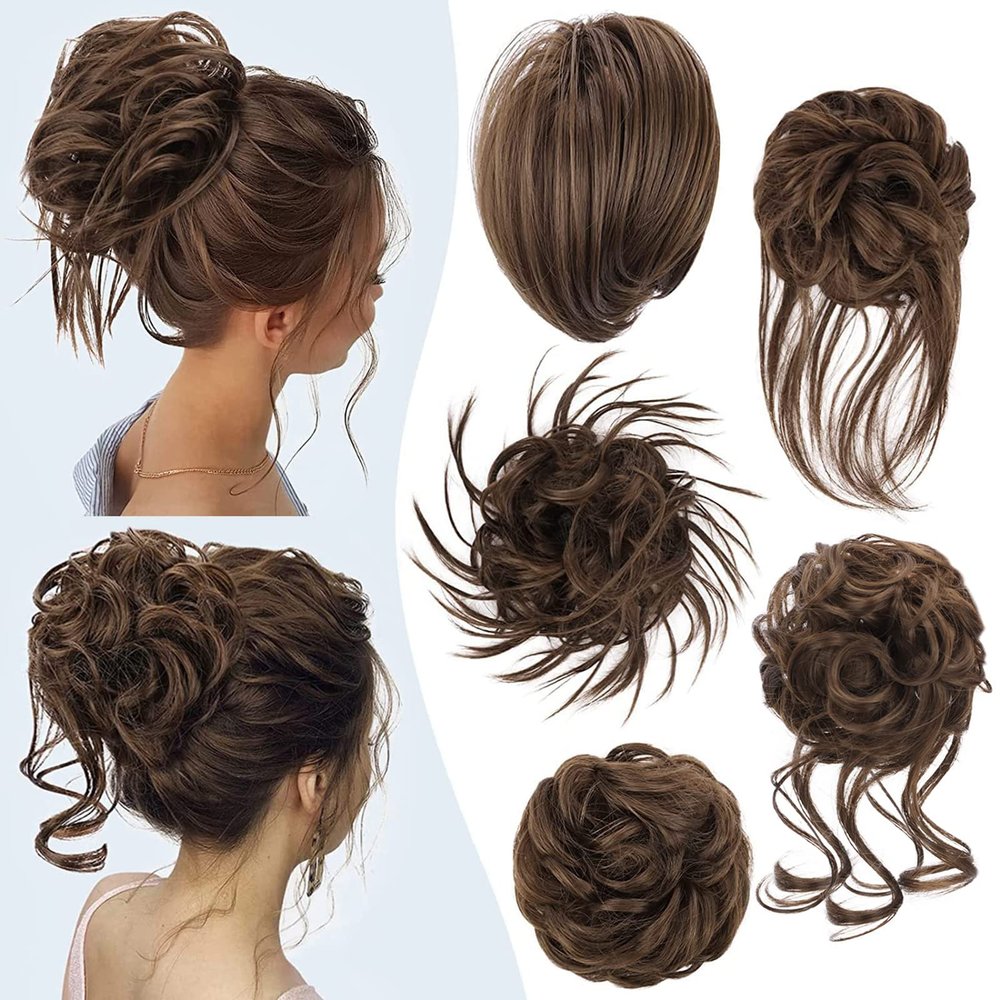 HMD 5 Pieces Messy Hair Bun Hairpiece Tousled Updo for Women Hair Extension Ponytail Scrunchies with Elastic Rubber Band Long Updo Messy Hairpiece Hair Accessories Set for Women8L