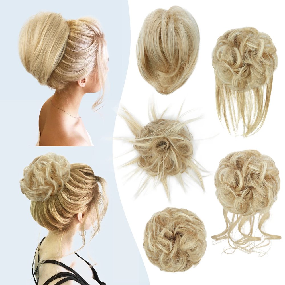 HMD 5 Pieces Messy Hair Bun Hairpiece Tousled Updo for Women Hair Extension Ponytail Scrunchies with Elastic Rubber Band Long Updo Messy Hairpiece Hair Accessories Set for Women85H88