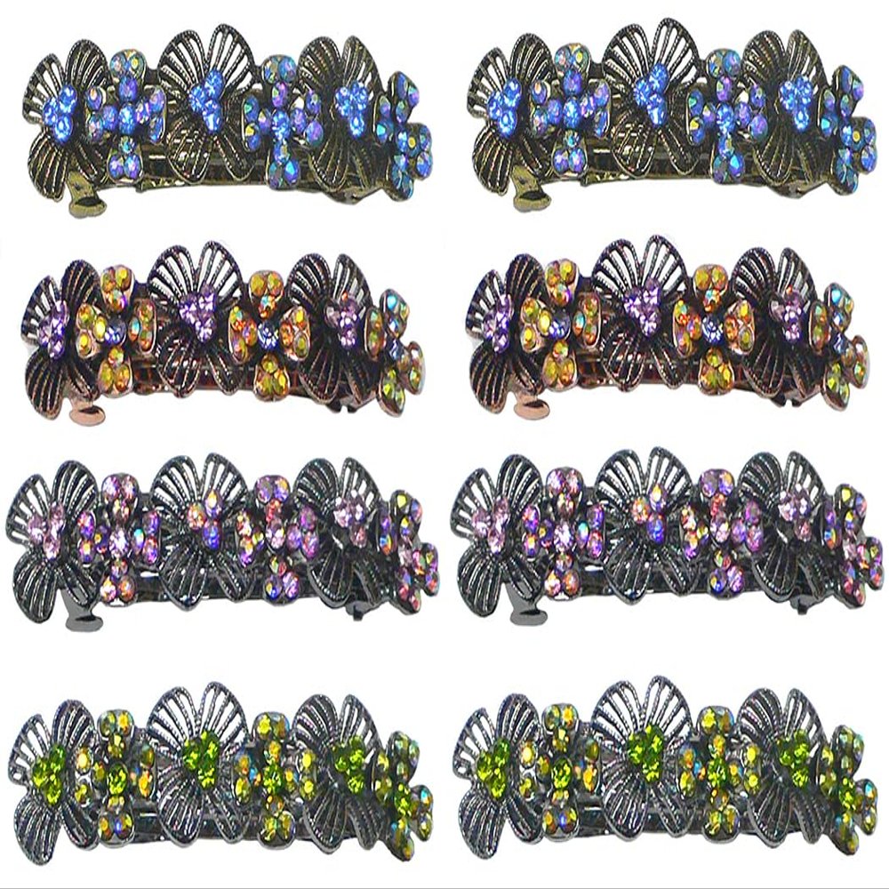 2 Set of 4, 8 Count, JCGY Metal Barrettes Artwork Design Crystal Flower Barrettes U86800-4-4-2