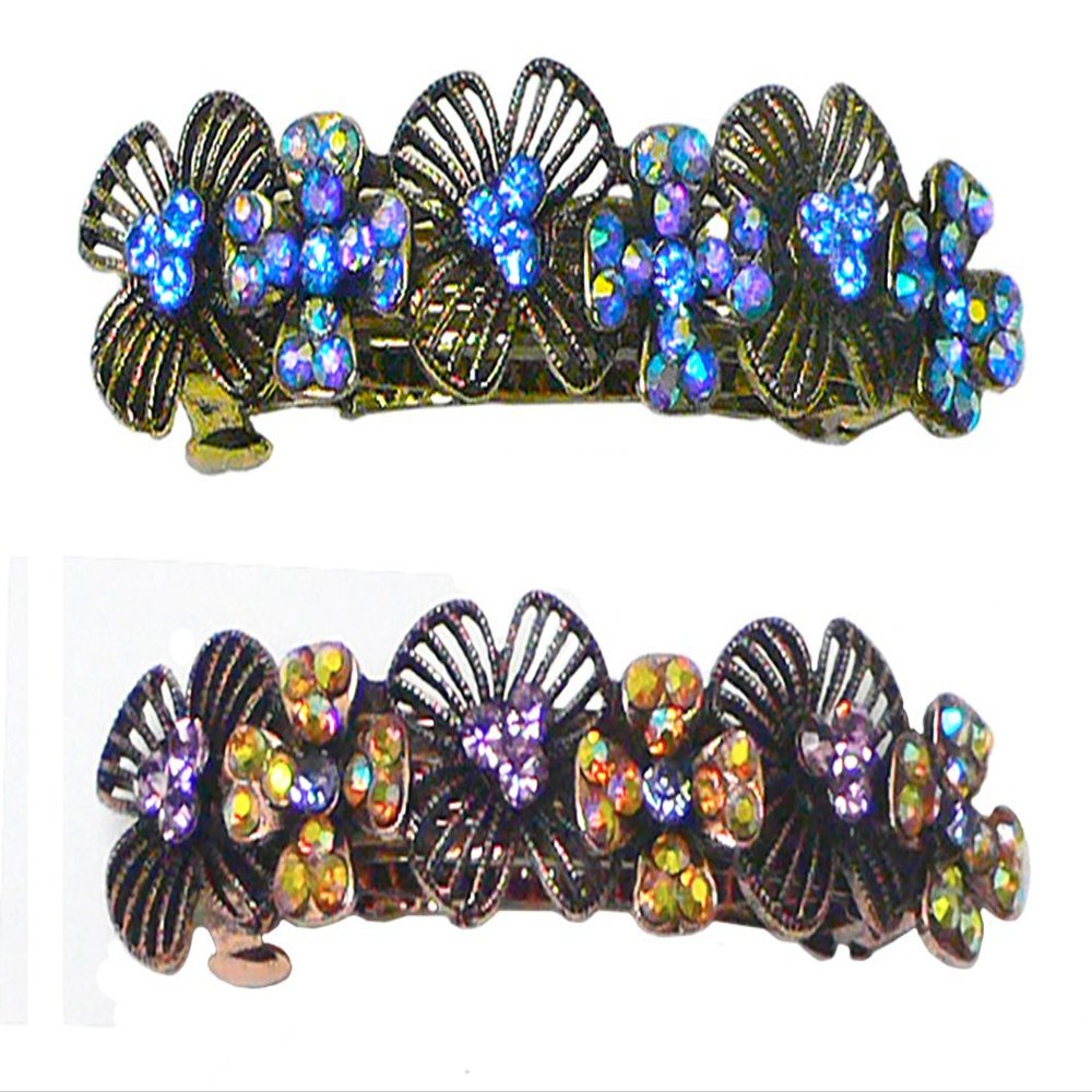 Set of 2 JCGY Metal Barrettes Artwork Design Crystal Flower Barrettes U86800-4blueLav