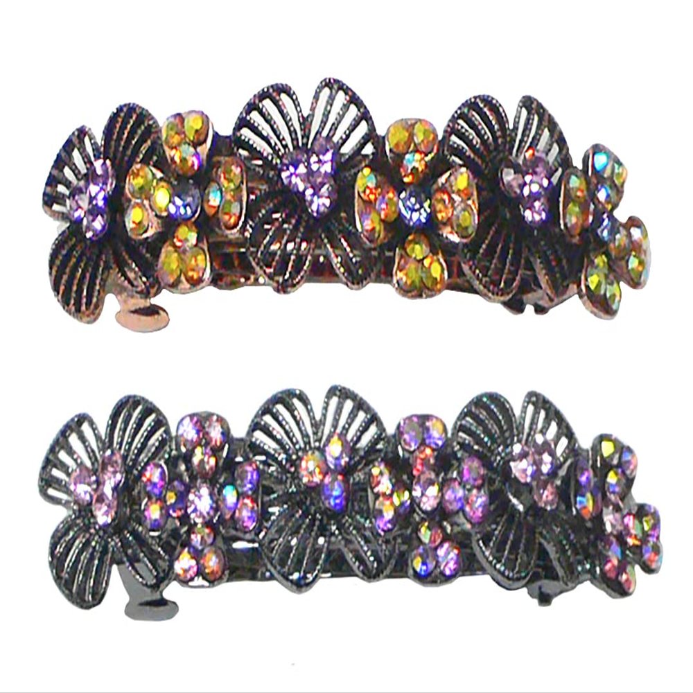 Set of 2 JCGY Metal Barrettes Artwork Design Crystal Flower Barrettes U86800-4lavRose
