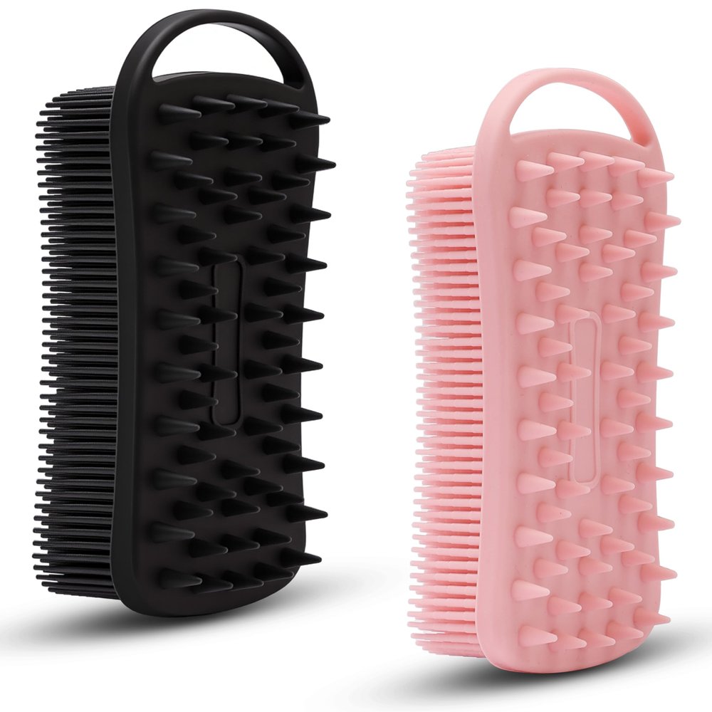 2 PC Silicone Body Scrubber, 2 in 1 Exfoliating Shower Bath Scrubber, Soft Silicone Loofah for Sensitive Skin, Shower Hair Scalp Massager, Easy to Clean, Lather Well (Black&Pink)