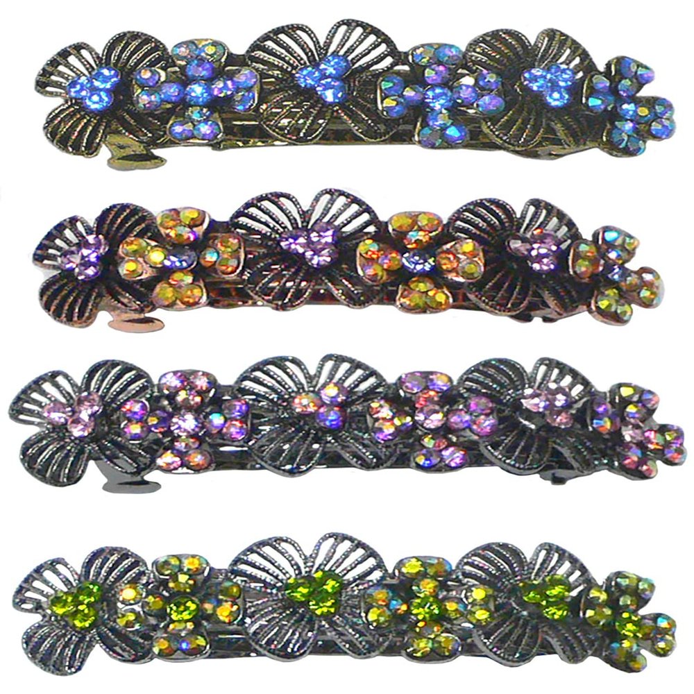 Set of 4 JCGY Metal Barrettes Artwork Design Crystal Flower Barrettes U86800-4-4