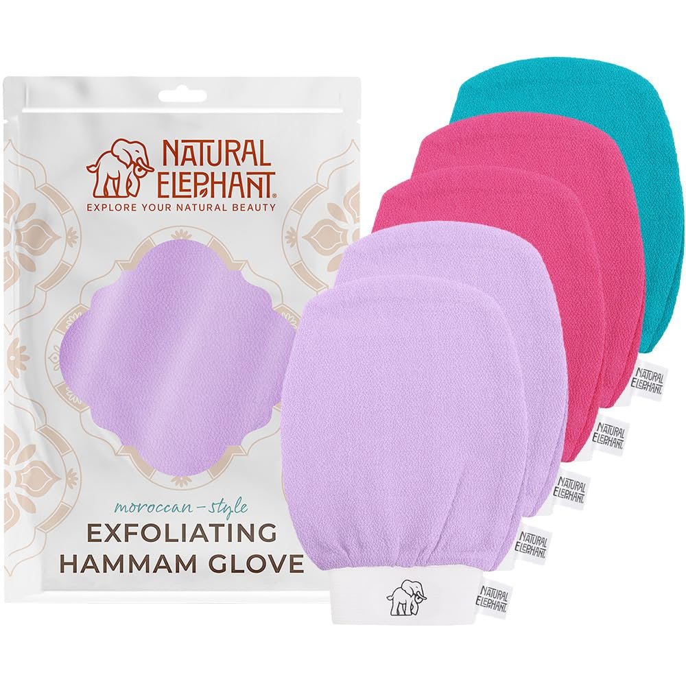 Natural Elephant Exfoliating Hammam Glove - Face and Body Exfoliator Mitt 5 and 10 Packs (2 Lilac, 2 Pink, 1 Teal (Pack of 5))