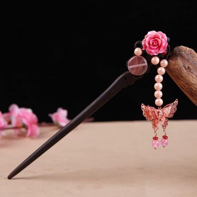 qbodp Wooden Hair Sticks for Buns,Imitation Pearls Butterfly Tassel Hair Chopsticks Pink Flower Hair Pins Stick Chinese Classical Ebony Chopsticks for Women Hair Accessories