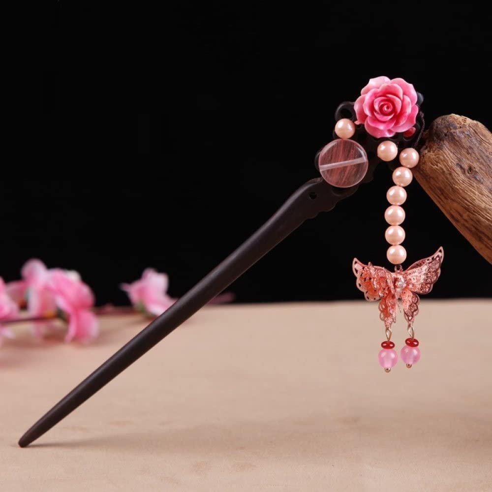 qbodp Wooden Hair Sticks for Buns,Imitation Pearls Butterfly Tassel Hair Chopsticks Pink Flower Hair Pins Stick Chinese Classical Ebony Chopsticks for Women Hair Accessories