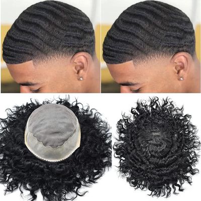 Afro Men Toupee Durable Fine Mono Base Curly African Wavy Hair Pieces For Black Men Mono Lace PU around 100% European Human Hair Easy To Install Hair Replacement Weave Unit For African American Men (20mm -7x10", #1 JET black -100% light density)