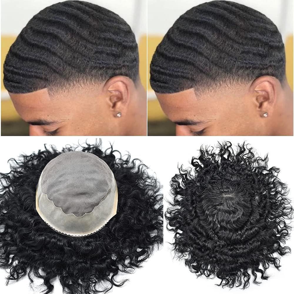 Afro Men Toupee Durable Fine Mono Base Curly African Wavy Hair Pieces For Black Men Mono Lace PU around 100% European Human Hair Easy To Install Hair Replacement Weave Unit For African American Men (20mm -7x10", #1 JET black -100% light density)