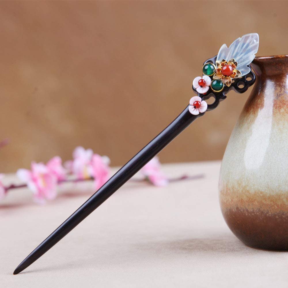 qbodp Wooden Hair Sticks for Buns,Flower Beads Hair Chopsticks Elegant Hair Pins Stick Chinese Classical Ebony Chopsticks for Women Hair Accessories