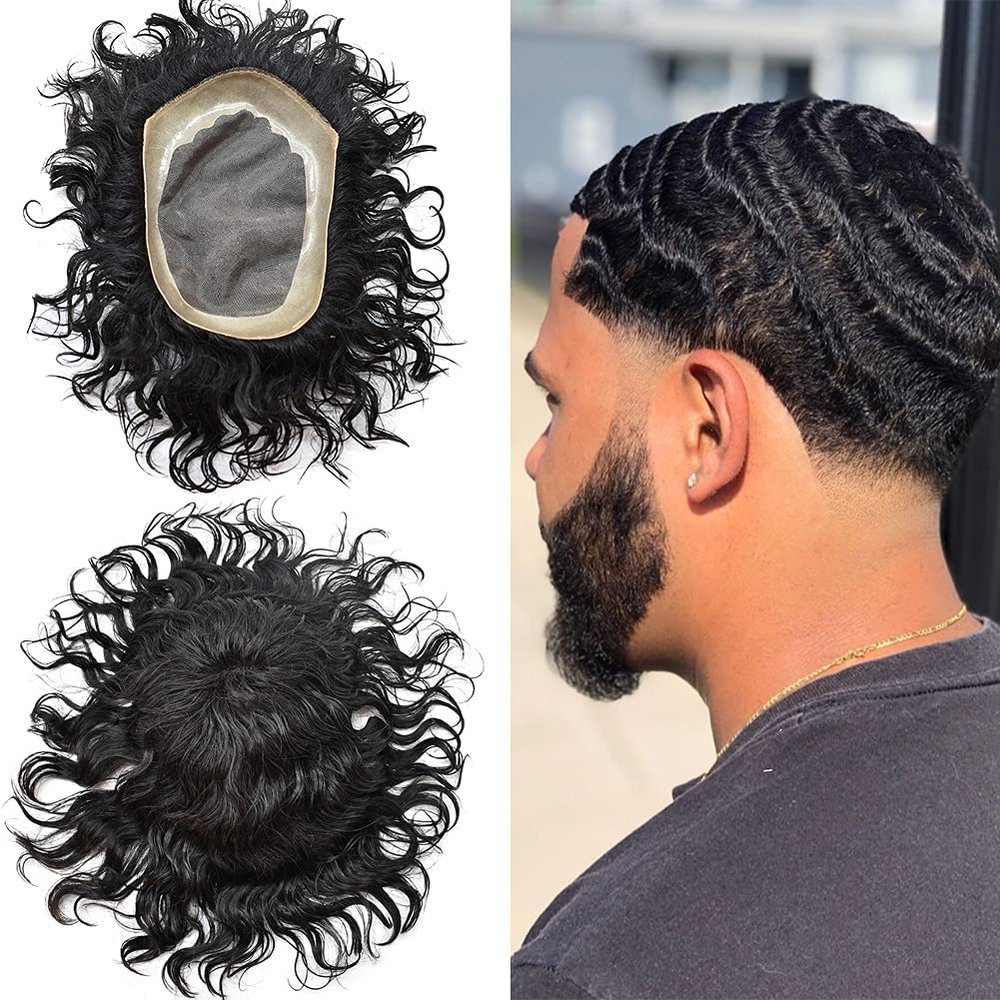Afro Men Toupee Durable Fine Mono Base Curly African Wavy Hair Pieces For Black Men Mono Lace PU around 100% European Human Hair Easy To Install Hair Replacement Weave Unit For African American Men(20mm - 6x9", #1 jet black -110% light to medium dens