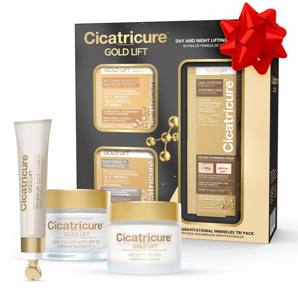 CICATRICURE Gold Lift Anti Gravitational Wrinkles Skin Care Gift Set with Day Anti-Wrinkle Cream + SPF 30 , Night Anti-Wrinkle Cream & Dual Contour Eye and Lip Wrinkle Cream, 3 Piece Set