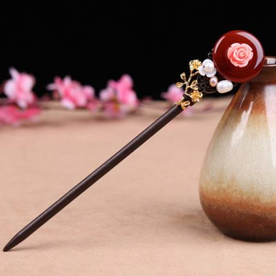 qbodp Wood Hair Sticks Imitation Red Agate Pearl Decorative Hair Chopsticks for Women Thick Hair Vintage Ethnic Style Hair Pins Stick Chinese Wooden Chopsticks Hair Accessories