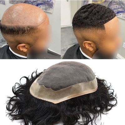 Afro Men Toupee Durable Fine Mono Base Curly African Wavy Hair Pieces For Black Men Mono Lace PU around 100% European Human Hair Easy To Install Hair Replacement Weave Unit For African American Men (20mm-8x11, #1b -110% light to medium density)