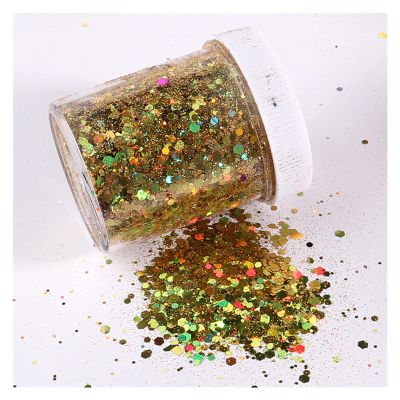 HANRUO Mix 0.2-3mm Nail Mermaid Glitter Flakes Sparkly 3D Hexagon Colorful Sequins Spangles Polish Manicure Nails Art Phone Decor (Color : Mix Gold 7, Size : 75g Bag)