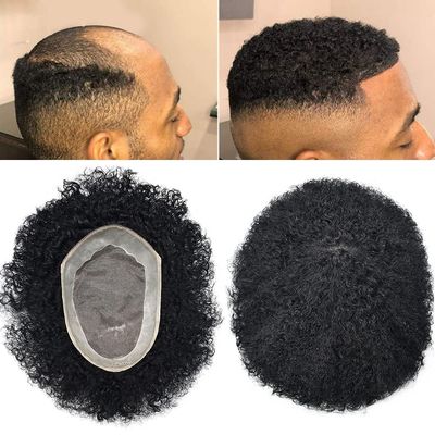 Afro Men Toupee Durable Fine Mono Base Curly African Wavy Hair Pieces For Black Men Mono Lace PU around 100% European Human Hair Easy To Install Hair Replacement Weave Unit For African American Men(6mm - 8x11", #1 jet black -110% light to medium dens