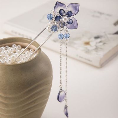 Antiquity Ink Lotus Hanfu Kanzashi Hair Crown Tassel Hairpin Step Shaking Fairy Ornament Kanzashi