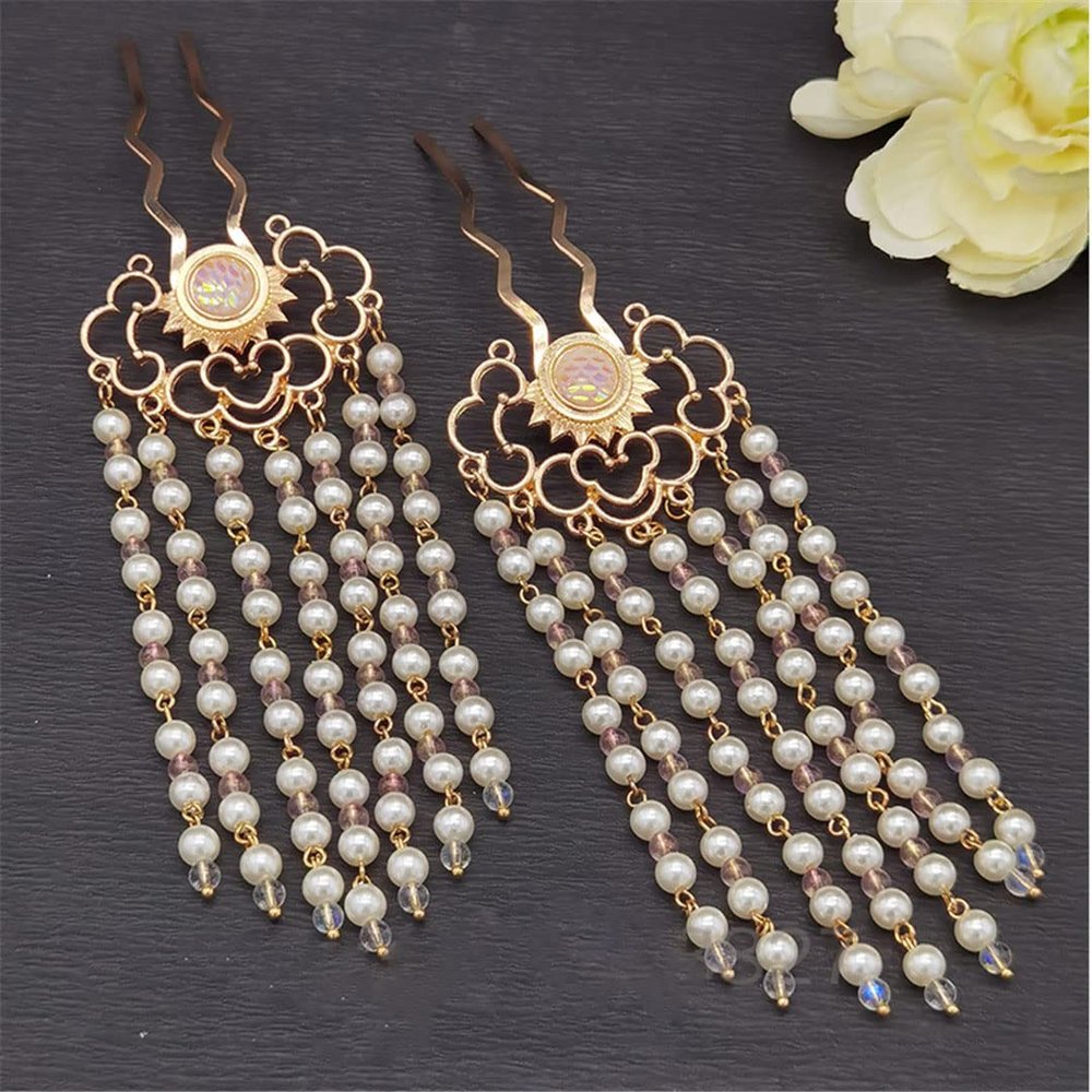 Women's Step Rock Retro U Pearl Tassel Hairpin Versatile Antique Hair Accessories purple 2pc