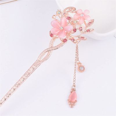Metal Chinese Style Hair Stick Flower Hair Chopsticks Hair Clip Opal Clip Female Hair Accessories Pink