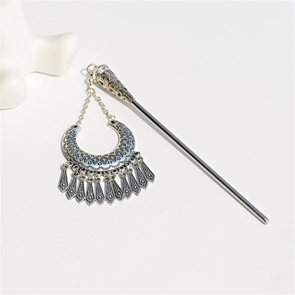 Vintage Gypsy Tibetan Silver Tassel Carved Flower Chopsticks Hair Clip Ladies Hair Clip Jewelry Style 2