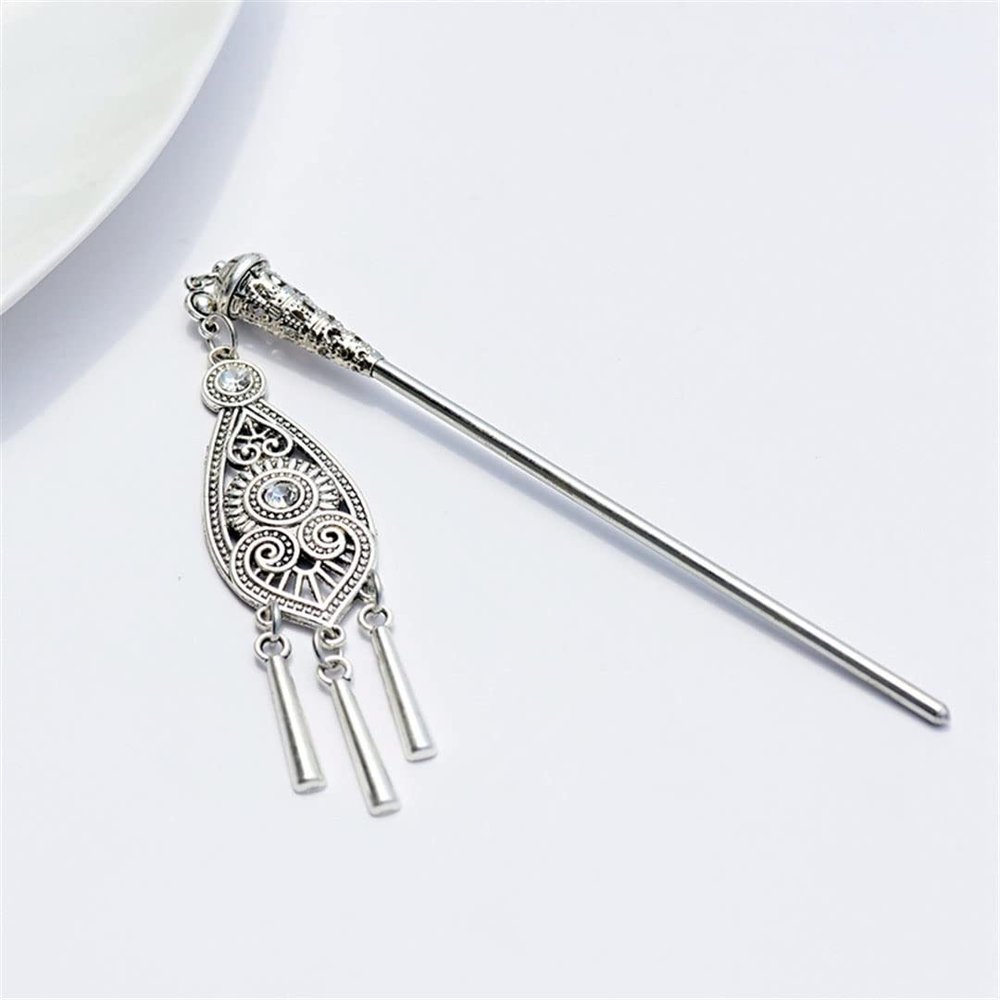 Vintage Gypsy Tibetan Silver Tassel Carved Flower Chopsticks Hair Clip Ladies Hair Clip Jewelry Style 1