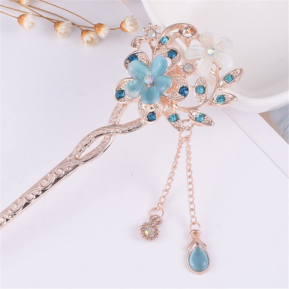 Metal Chinese Style Hair Stick Flower Hair Chopsticks Hair Clip Opal Clip Female Hair Accessories Blue