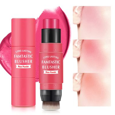 LOKFAR Cream Blush Stick for Cheeks - 2 in 1 Multi Makeup Blush with Brush for Cheeks Tint & Eyes & Lips, Waterproof Smooth Creme Texture, Long-lasting Wear All Day, #02 Rose Red