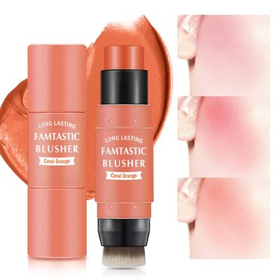 LOKFAR Cream Blush Stick for Cheeks - 2 in 1 Multi Makeup Blush with Brush for Cheeks Tint & Eyes & Lips, Waterproof Smooth Creme Texture, Long-lasting Wear All Day, #03 Coral Orange