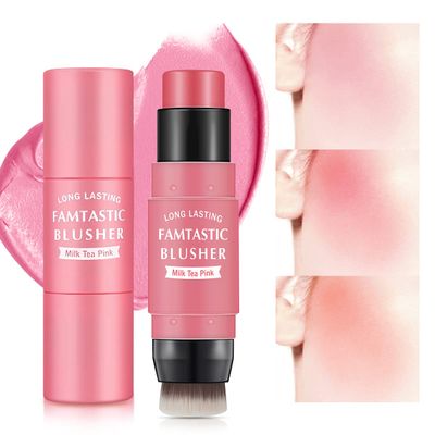 LOKFAR Cream Blush Stick for Cheeks - 2 in 1 Multi Makeup Blush with Brush for Cheeks Tint & Eyes & Lips, Waterproof Smooth Creme Texture, Long-lasting Wear All Day, #01 Cherry Pink