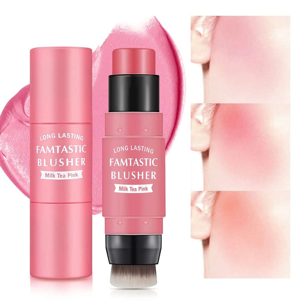 LOKFAR Cream Blush Stick for Cheeks - 2 in 1 Multi Makeup Blush with Brush for Cheeks Tint & Eyes & Lips, Waterproof Smooth Creme Texture, Long-lasting Wear All Day, #01 Cherry Pink