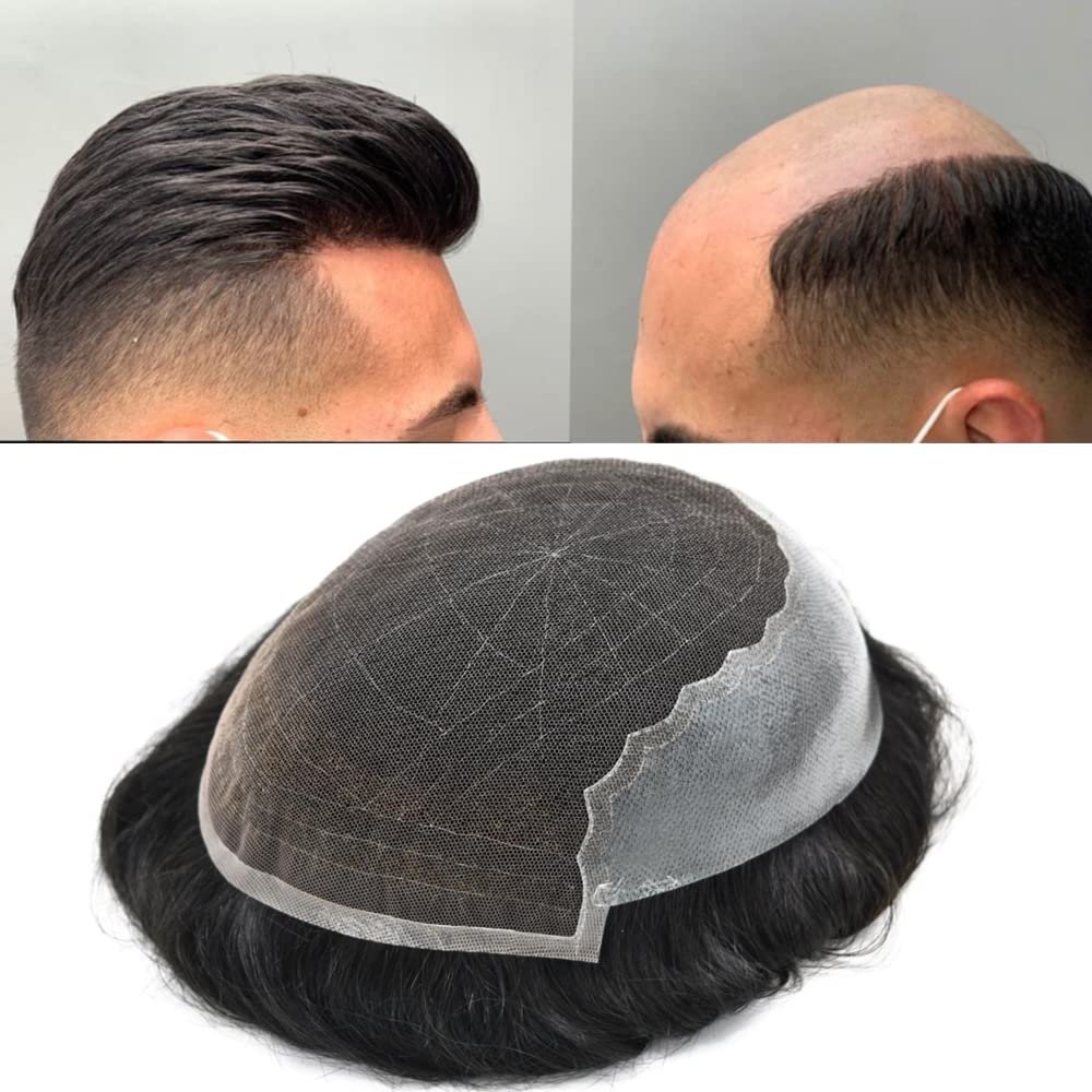 Healthlif Toupee For Men Natural Hairline Remy Human Hair Piece For Men Undetectable Lace Men Toupee Bleached Knots Mens Hair Replacement Toupee 7X9#1B Off Black 110% Density