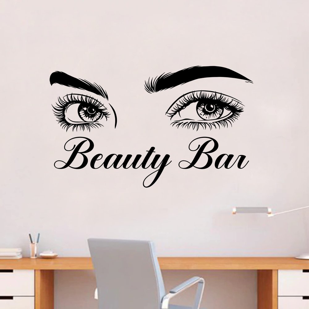 Beauty Bar Wall Decal Home Decor Art Sticker Vinyl Bedroom Boys Girls Teen Kids Quote Makeup Lashes Brows Beauty Brushes Lipstick Mascara Eyeshadow Business Logo Studio