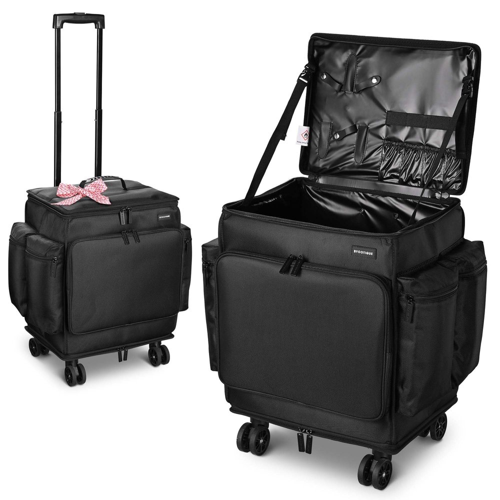 BYOOTIQUE Rolling Makeup Train Case Soft Sided Travel Cosmetic Organizer Storage 1680D Nylon Fabric Trolley Suitcase Mobile Barber Station, Black