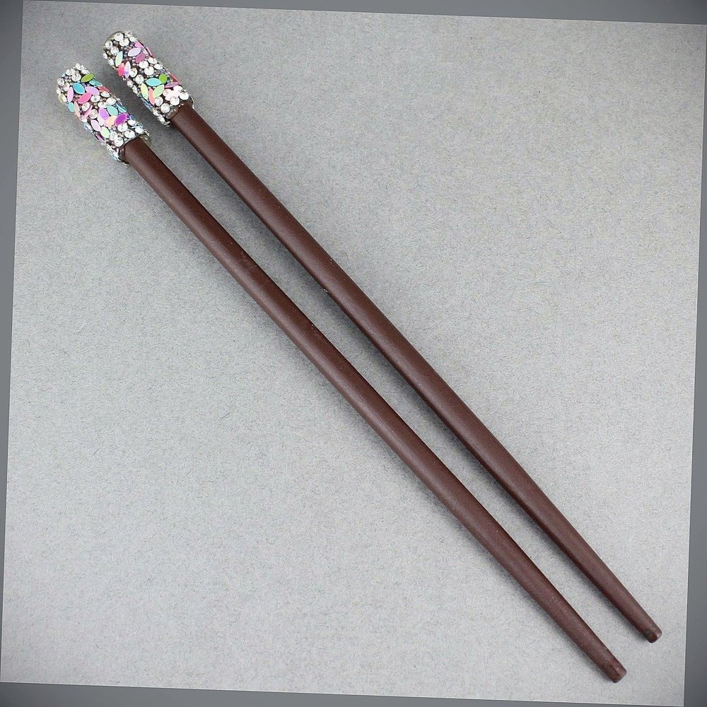 Dk Brown Crystal Sequin Wood Set 2 Hair Chop Sticks Accessory Picks Pins 7" Long Fashion hair Accessories for Women