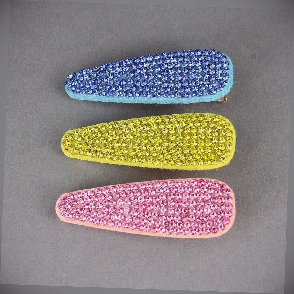 3 Blue Yellow Pink Crystal Barrettes Alligator Hair Clip Faceted Gems Sparkly Fashion hair Accessories for Women