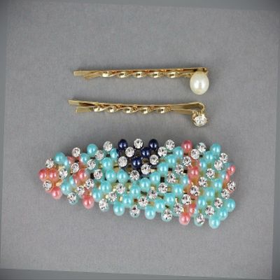 Blue Striped Snap Barrette Set Pearl Crystal Gold Bobby Hair Pins Barrette Fashion hair Accessories for Women