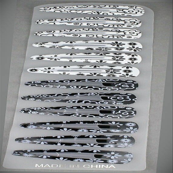 12 Snap Barrettes Metal Hair Clip 1 7/8" Long Black White Flower Print Floral Fashion hair Accessories for Women