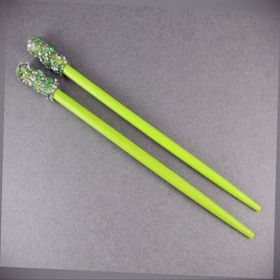 Green Crystal Wood Set 2 Hair Chop Sticks Accessory Picks Pins 7 1/8" Long Fashion hair Accessories for Women