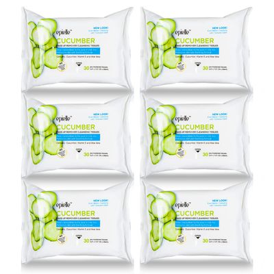 Epielle Cucumber Makeup Remover Wipes, Gentle Daily Facial Cleanser Towelettes, Remove Dirt, Oil & Waterproof Mascara, Stocking Stuffers, 30 Count (Pack of 6)