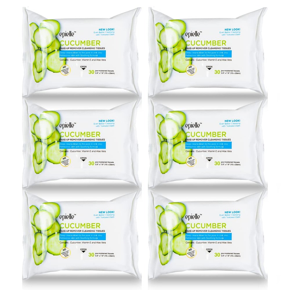 Epielle Cucumber Makeup Remover Wipes, Gentle Daily Facial Cleanser Towelettes, Remove Dirt, Oil & Waterproof Mascara, Stocking Stuffers, 30 Count (Pack of 6)