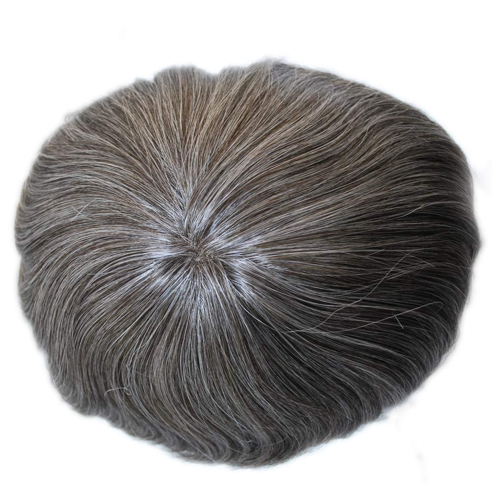 Suncolorhair Thin Skin Mens Toupee Human Hair With Grey Dark Brown Mixed 40% Grey Hair System (240#-2# color with 40% grey)