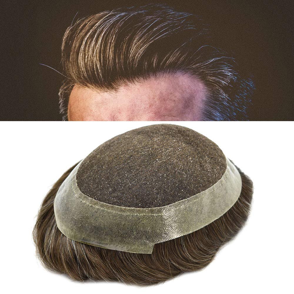100% Human Hair Toupee for Men Hairpiece for Men Soft Thin French Lace Breathable Hair System Natural Looking Clear Poly Skin Around Wigs Transparent Lace Skin Hairpiece Replacement (8"x10", #1B20 Natural Black+20%Gray-120% Light to Medium Density)