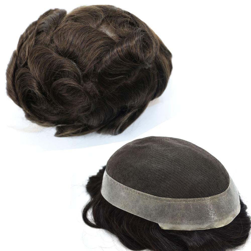 100% Human Hair Toupee for Men Hairpiece for Men Soft Thin French Lace Breathable Hair System Natural Looking Clear Poly Skin Around Wigs Transparent Lace Skin Hairpiece Replacement (8"x10", #1 Jet Black-120% Light to Medium Density)