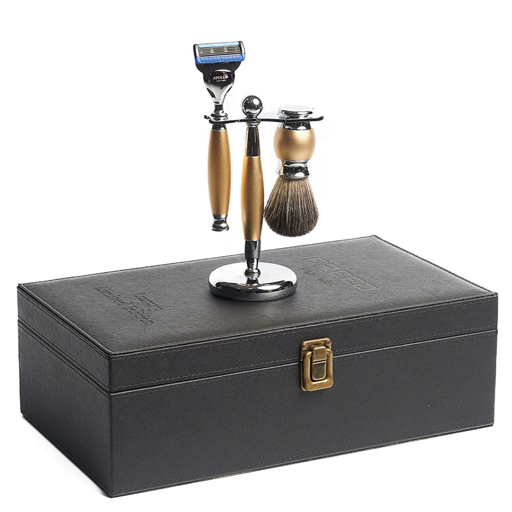 APOLLO Luxury 4-Piece 5-Blade Razor Shaving Set Men's Safety Razor Grooming Gift Set with Alloy material handle Shaving for Gentleman,Best Father's Day Gift from Taiwan