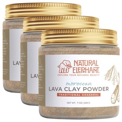 Natural Elephant Ghassoul (Rhassoul) Moroccan Lava Clay Powder | 100% Pure & Natural Face & Body Mask Powder | 200g Jar Pack of 3 7oz Jars