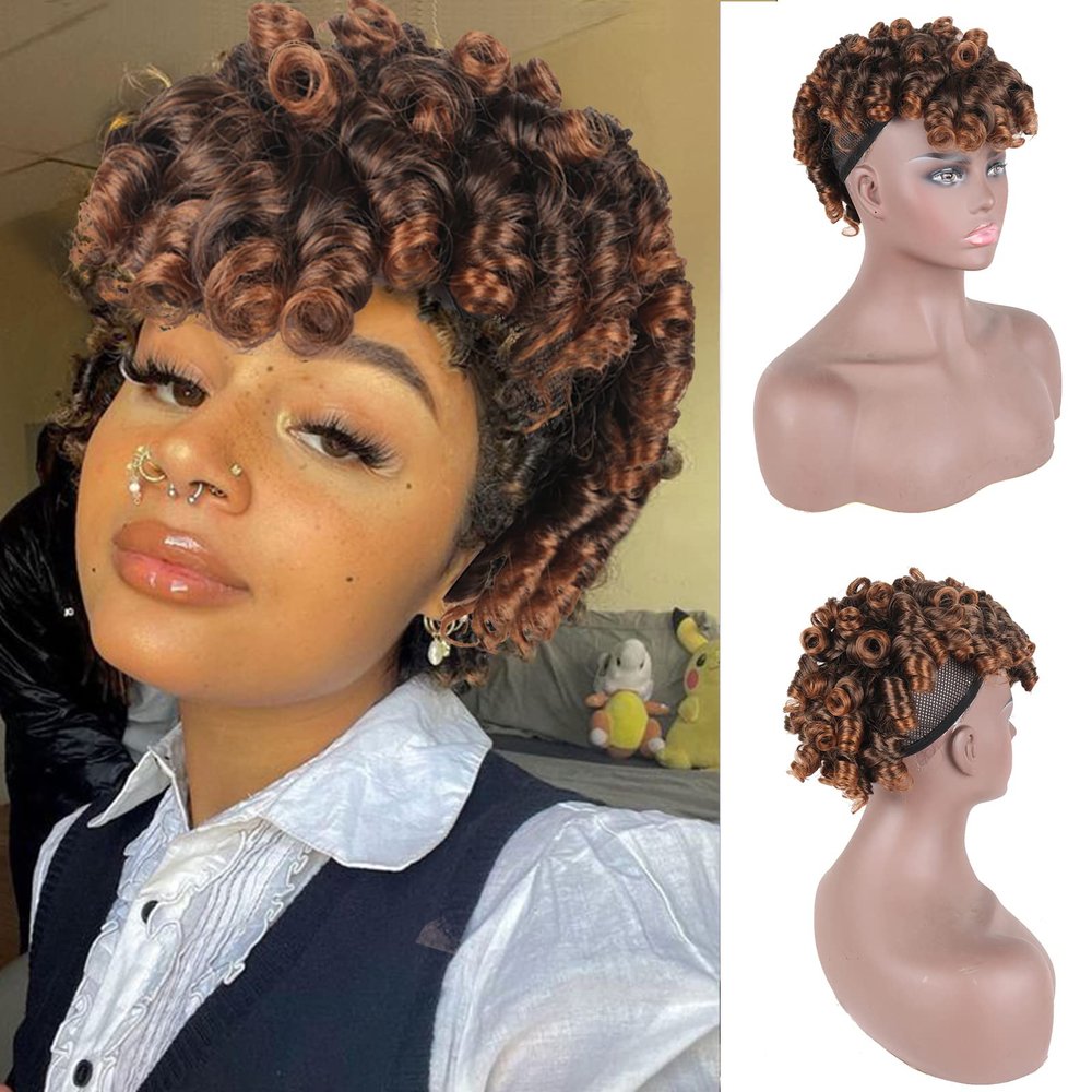 Oseti Short Mohawk Wig Clip on Hair Extensions for Black Women Cute and Curly Mohawks, Kinky Curly Afro Faux Hawk Clip in Hair Pieces for Women with Thinning Hair Brown Hawks Wig with Bangs (1B/30)