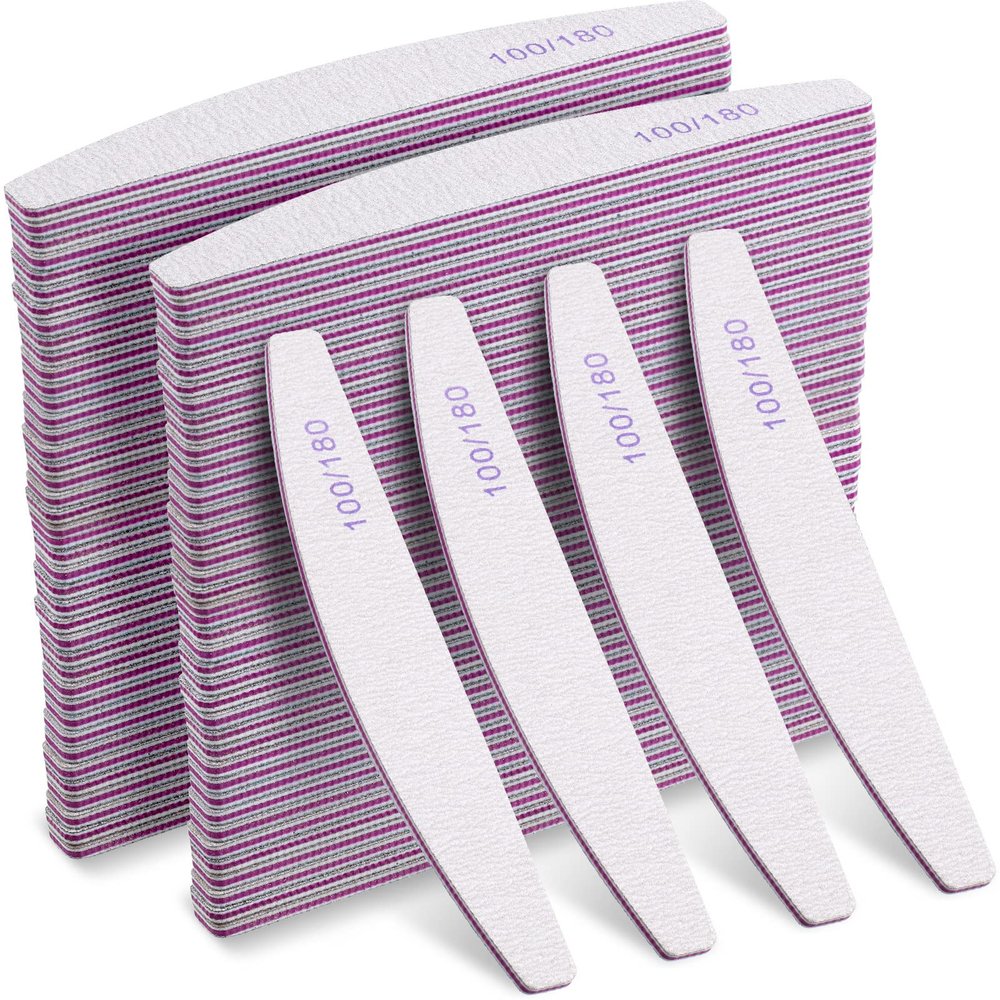 150 Pcs 100/180 Grits Nail Files Bulk Doubled Sided Emery Boards Reusable Curved Coarse Nail Buffers Manicure Tools for Acrylic Natural Toenails Home and Salon Use
