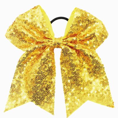 Xansema 6.5 Inches Sequins Hair Bows Elastic Hair Tie Ribbon Large Cheer Bow Ponytail Holder Hair Band for Women Girls Kids Teens (Yellow)